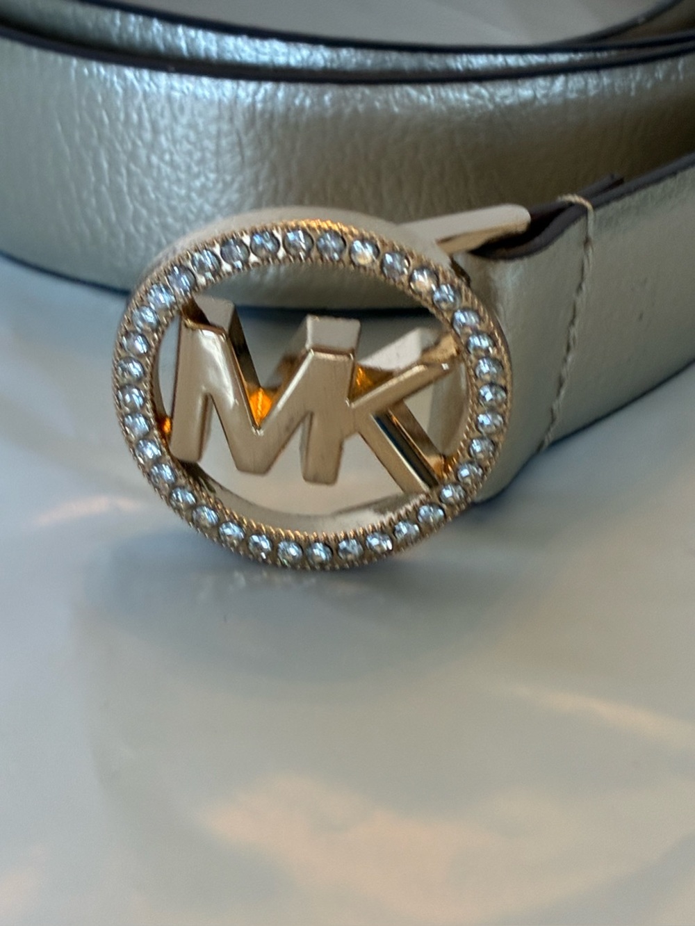 MICHAEL KORS  plus size  Gold Metallic Leather Belt 2X circle  rhinestone logo